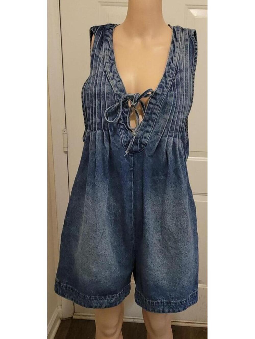 Caracilia Women’s Blue Denim Tie-Front V-Neck Sexy Jeans Romper Dress Size M